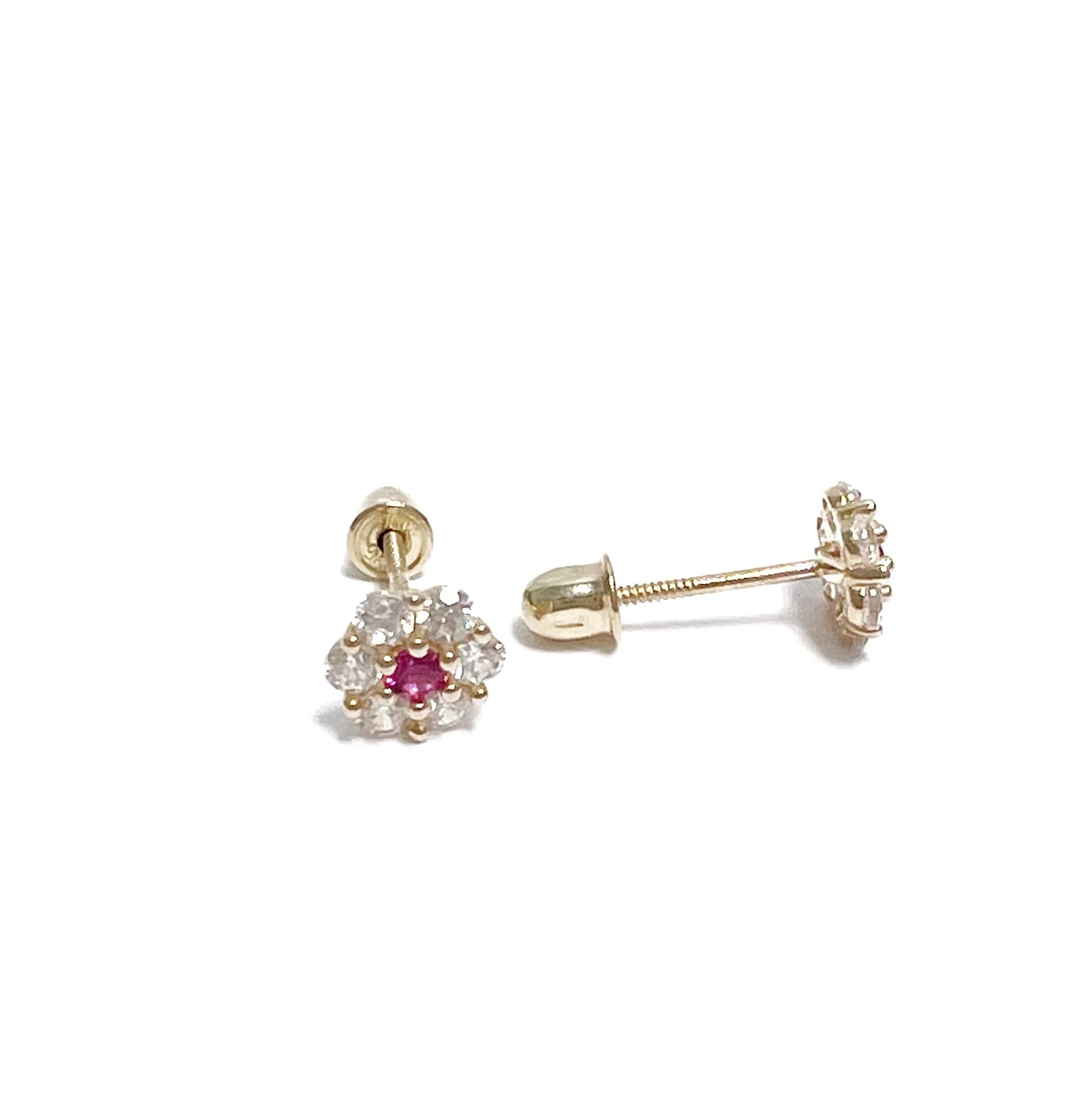 Clear Mini Flower Ruby Center 14K Screw back