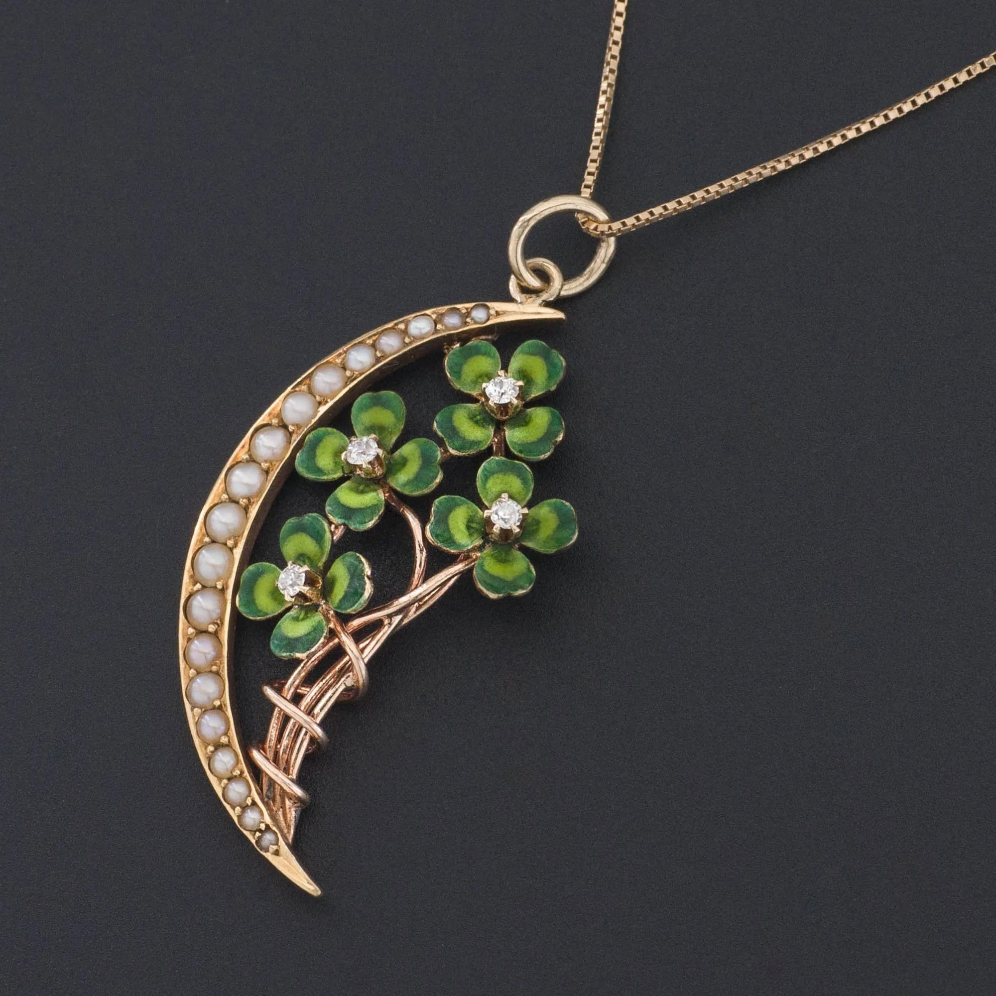 Clover Pendant | 14k Gold Diamond Enamel & Pearl Clover Pendant on Optional 14k Chain