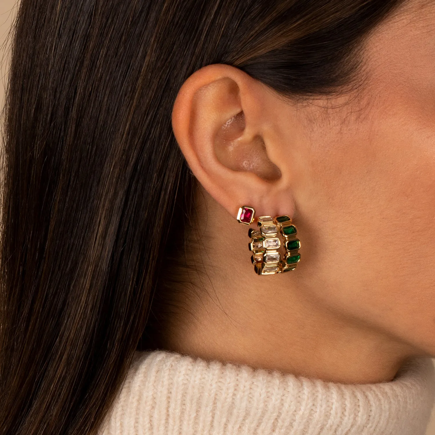 Colored Bezel Baguette Open Hoop Earring