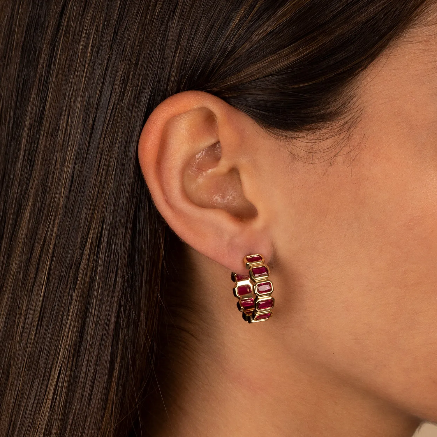 Colored Bezel Baguette Open Hoop Earring