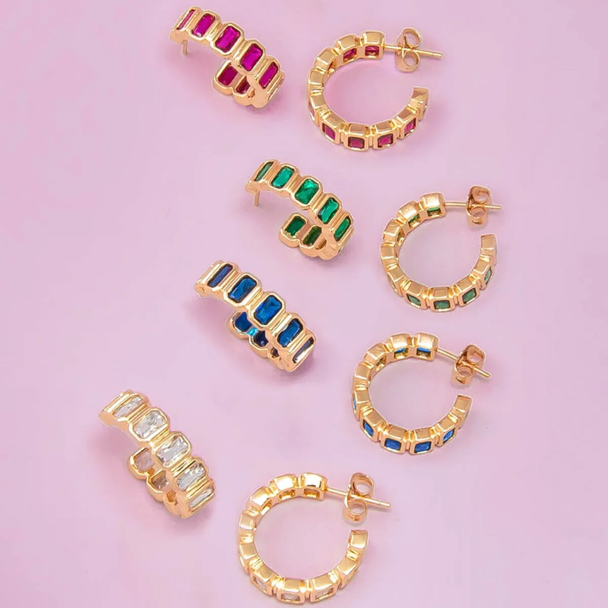 Colored Bezel Baguette Open Hoop Earring
