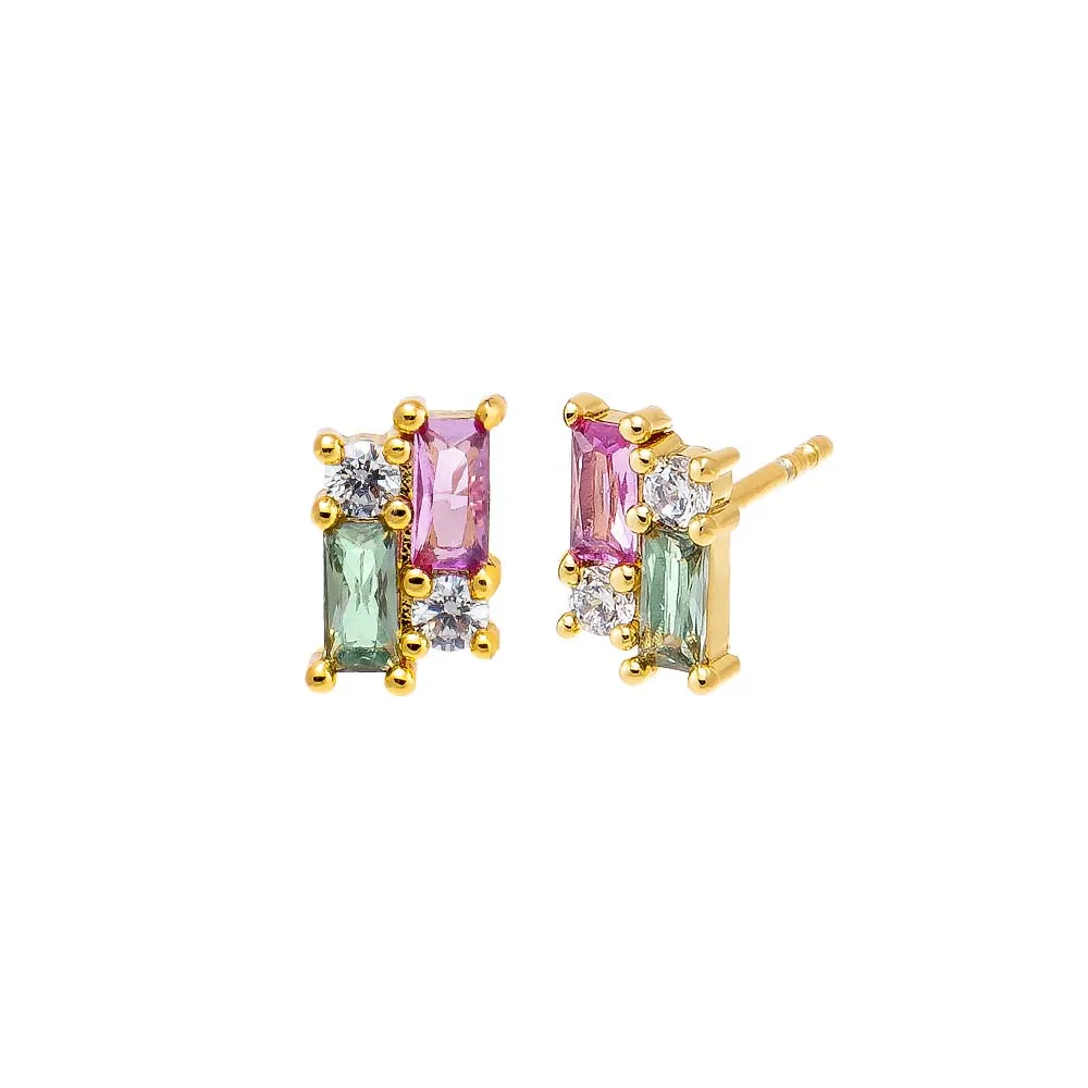 Colored CZ X Baguette Cluster Stud Earring