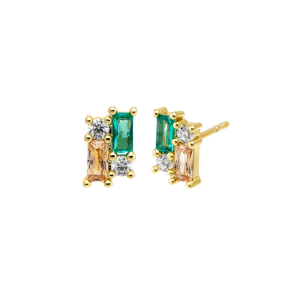 Colored CZ X Baguette Cluster Stud Earring