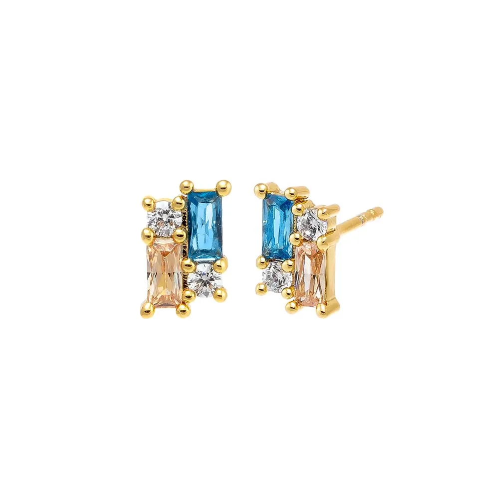 Colored CZ X Baguette Cluster Stud Earring