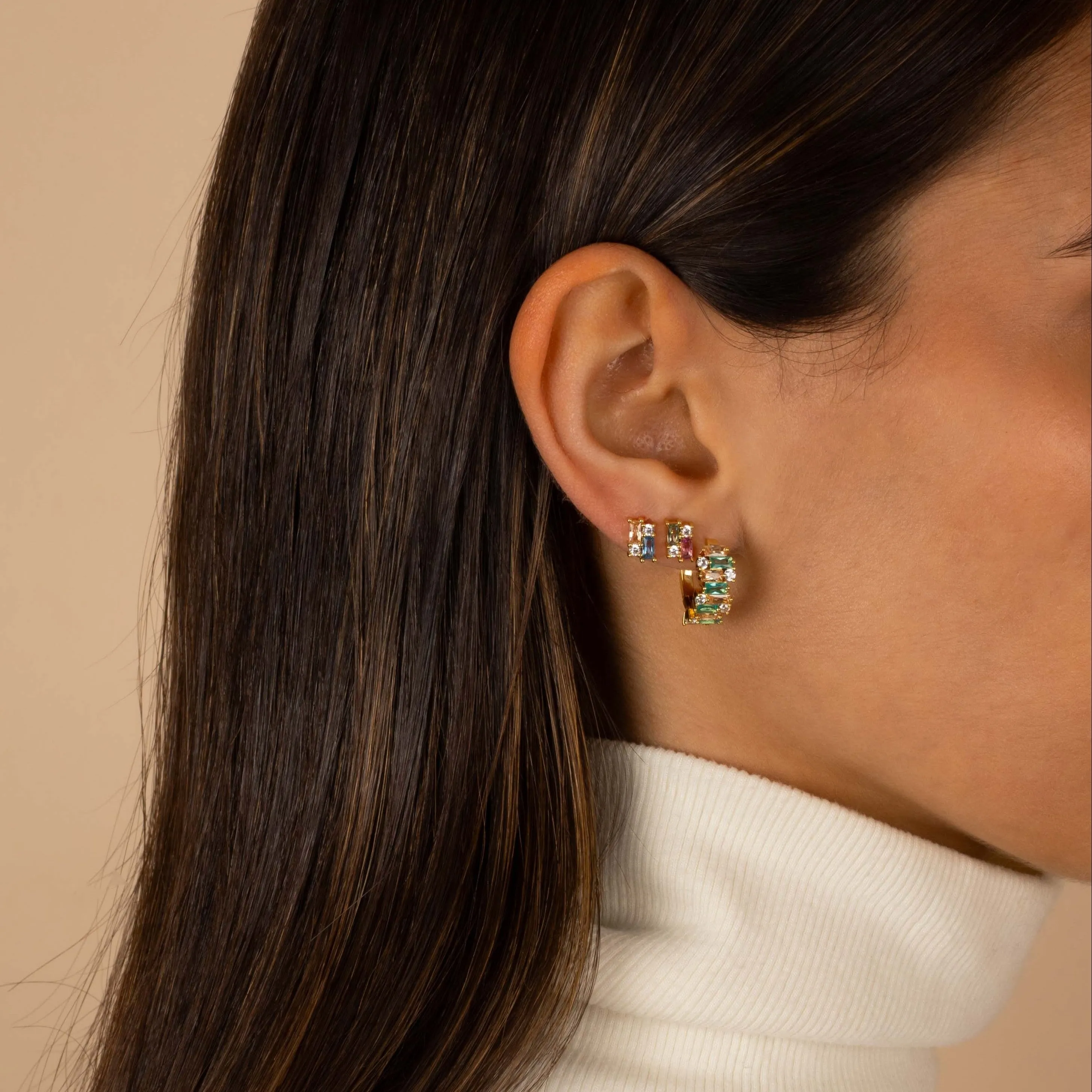 Colored CZ X Baguette Cluster Stud Earring