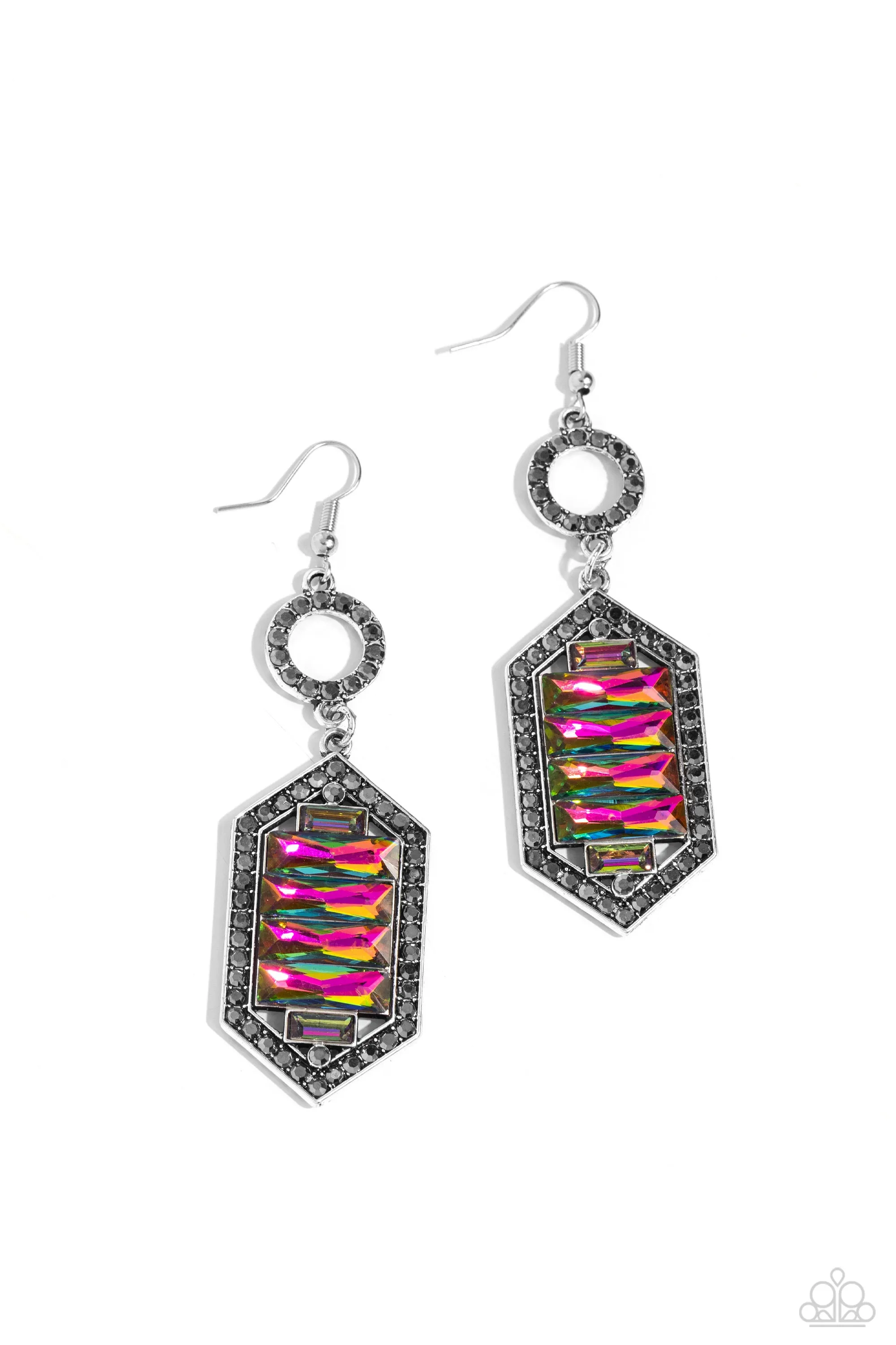 Combustible Craving - Multi - Oil Spill Rhinestone Hexagonal Frame Paparazzi Fishhook Earrings
