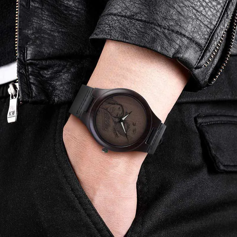 Couple Engraved Watch Wood Grain Watches Personalized Leather Strap Ebony Watches Anniversary Gift