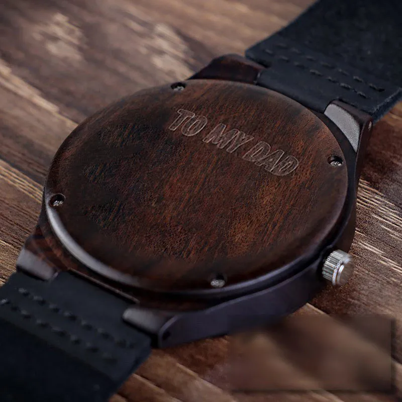 Couple Engraved Watch Wood Grain Watches Personalized Leather Strap Ebony Watches Anniversary Gift