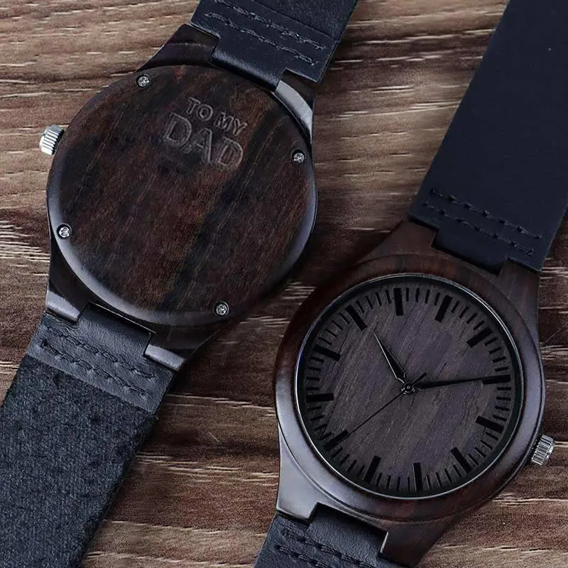 Couple Engraved Watch Wood Grain Watches Personalized Leather Strap Ebony Watches Anniversary Gift