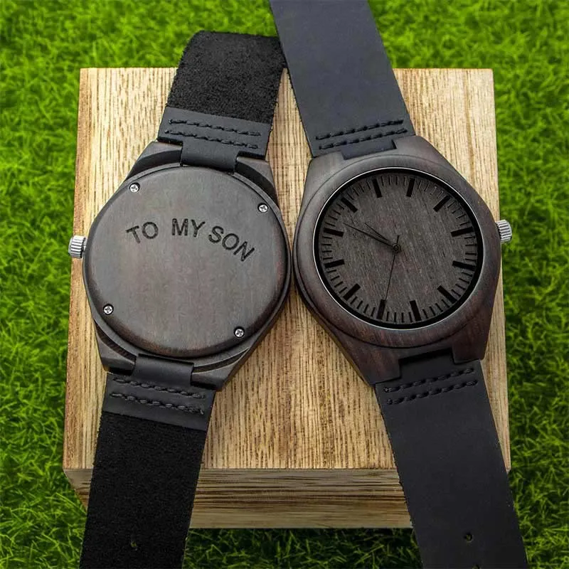 Couple Engraved Watch Wood Grain Watches Personalized Leather Strap Ebony Watches Anniversary Gift