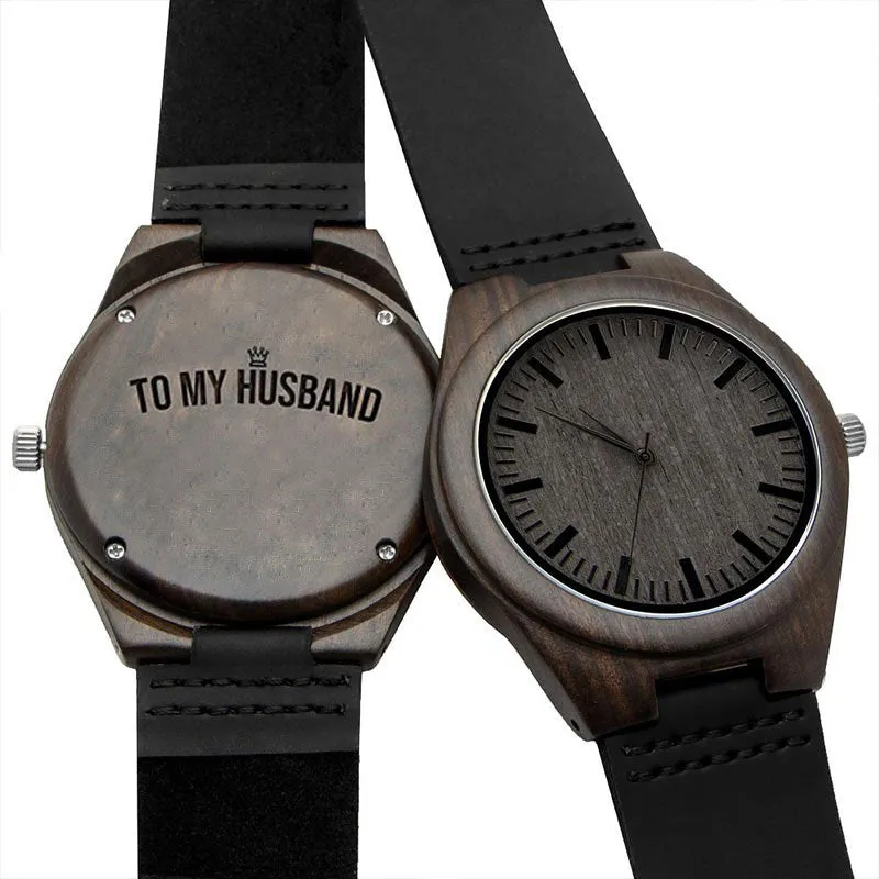 Couple Engraved Watch Wood Grain Watches Personalized Leather Strap Ebony Watches Anniversary Gift