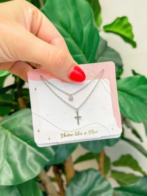 Cross Pendant Necklace Set - Silver