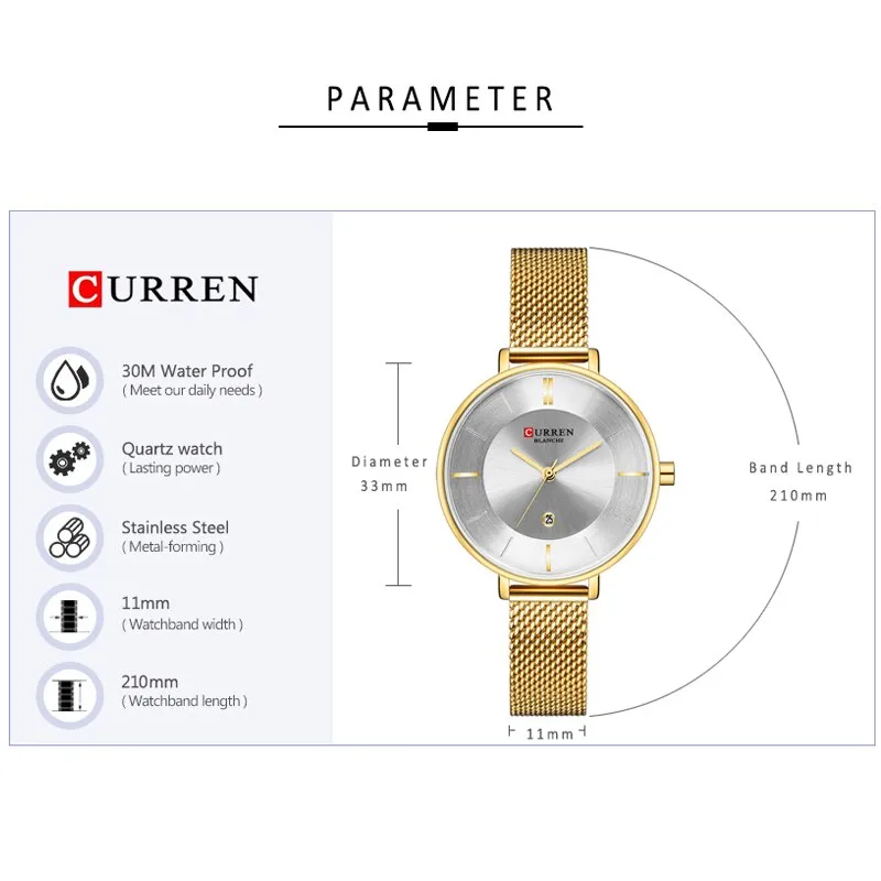 CURREN Fashion Ladies Watches Luxury Stainless Steel Mesh Strap Analog Quartz Watch Women Casual Female Clock Women‘s