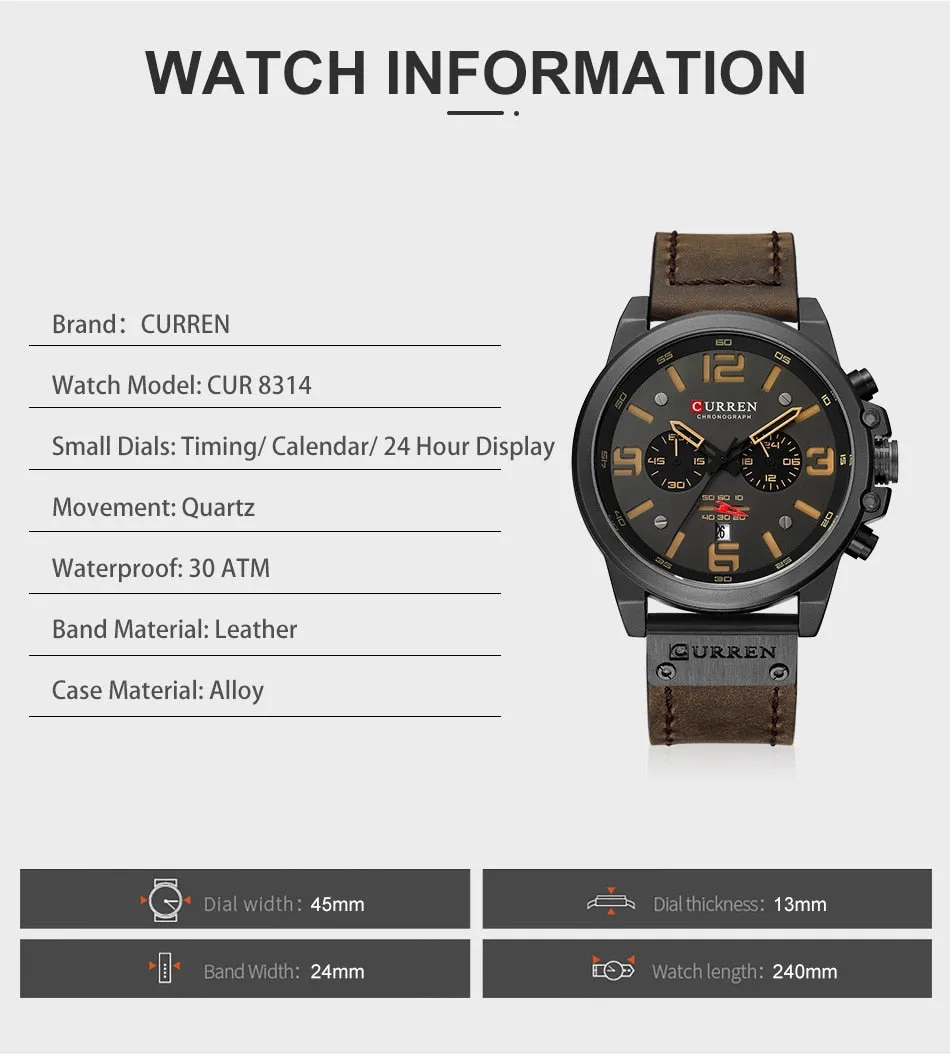 CURREN Mens Watches Top Luxury Brand Waterproof Sport Wrist Watch