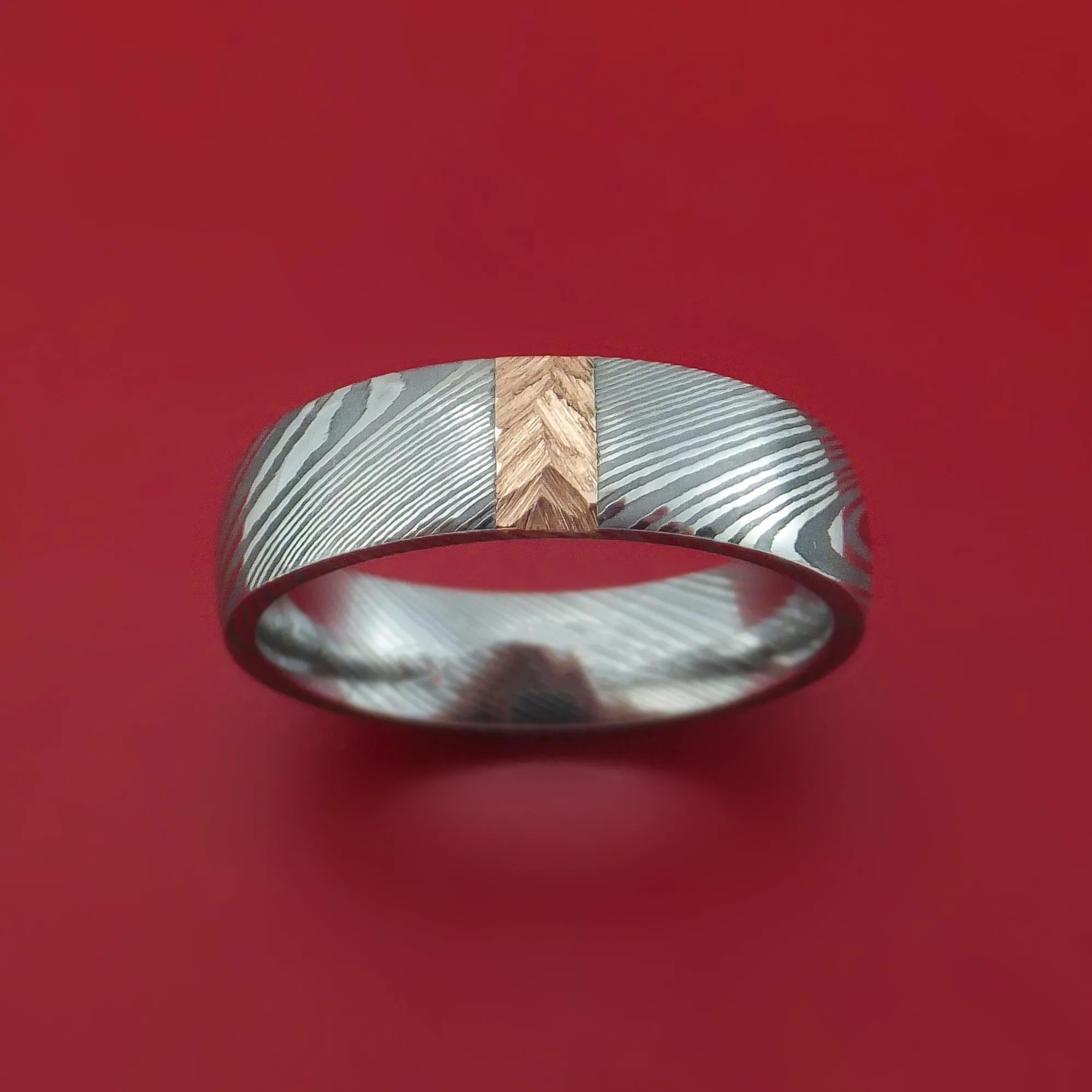 Damascus Steel and Gold Ring with Feather Texture Custom Made Band