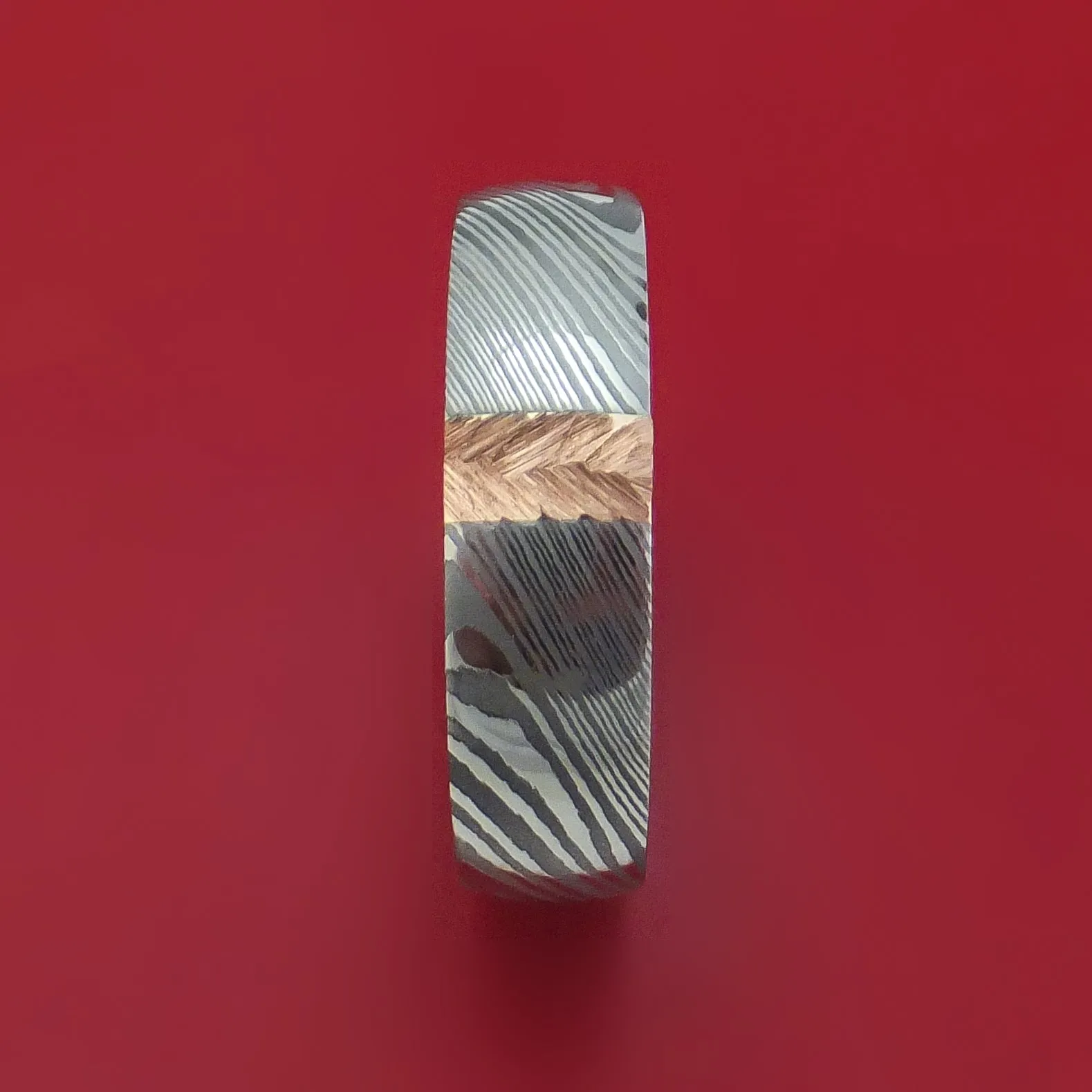 Damascus Steel and Gold Ring with Feather Texture Custom Made Band