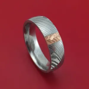 Damascus Steel and Gold Ring with Feather Texture Custom Made Band