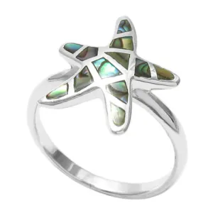 Delightful Starfish Ring with Brilliant and Mysterious Abalone Inlay in Sterling Silver.
