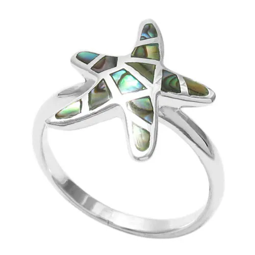 Delightful Starfish Ring with Brilliant and Mysterious Abalone Inlay in Sterling Silver.