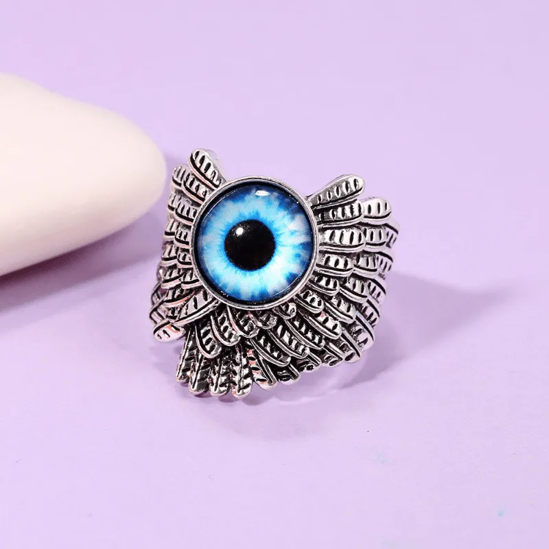 Devil's Eye Ring Retro Punk Style Open Adjustable Eye Alloy Ring Feather Ring