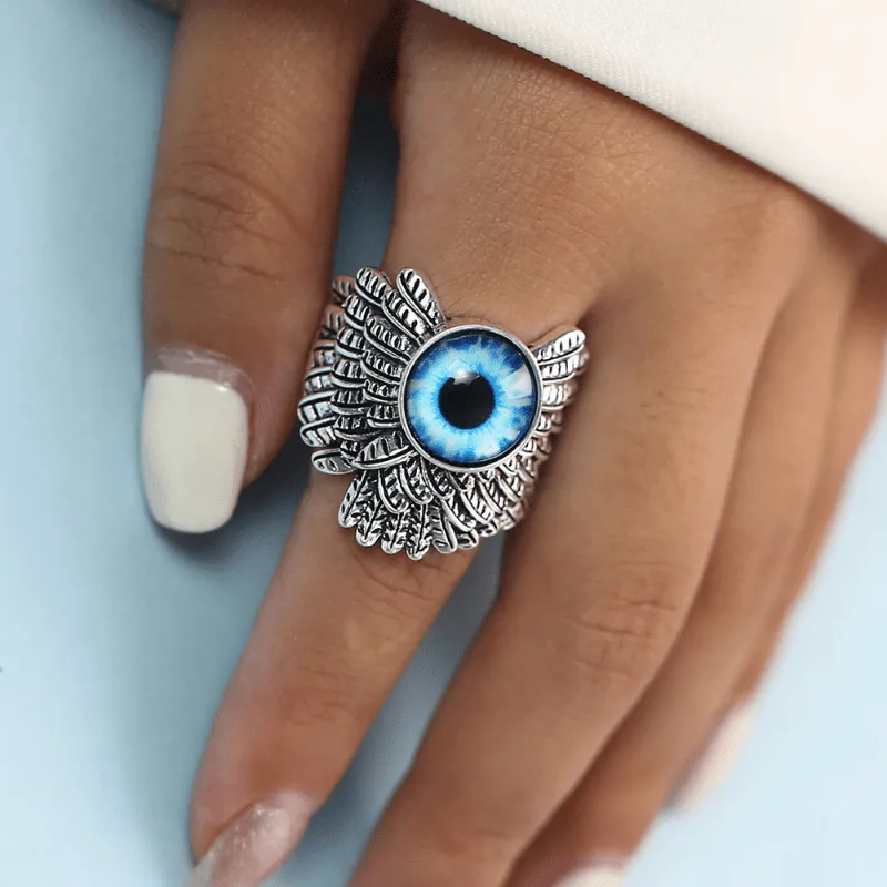 Devil's Eye Ring Retro Punk Style Open Adjustable Eye Alloy Ring Feather Ring