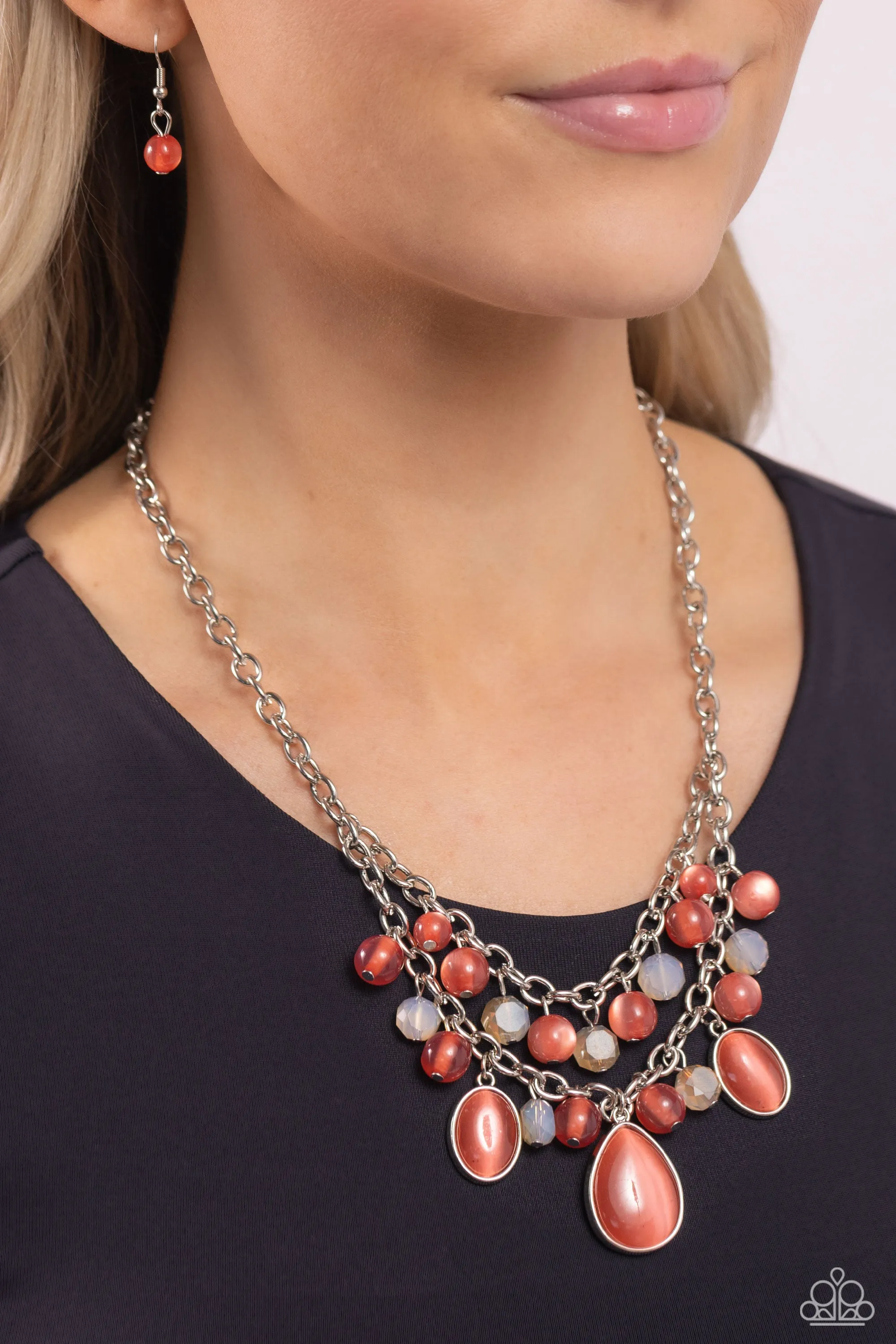 Dewy Disposition - Orange - Cat's Eye Stone and Bead Paparazzi Tiered Short Necklace