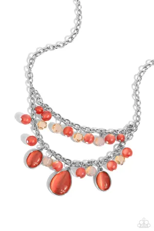 Dewy Disposition - Orange - Cat's Eye Stone and Bead Paparazzi Tiered Short Necklace