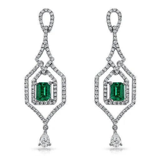 Diamond and Emerald Drop Earrings with Emerald-cut Emeralds in 18k White Gold