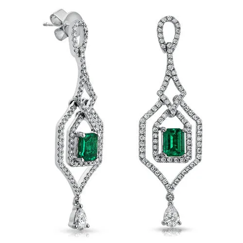 Diamond and Emerald Drop Earrings with Emerald-cut Emeralds in 18k White Gold