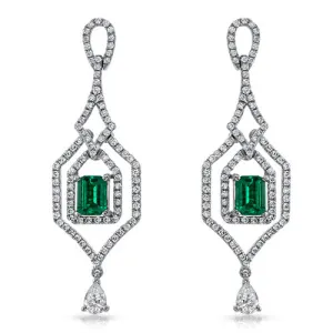Diamond and Emerald Drop Earrings with Emerald-cut Emeralds in 18k White Gold