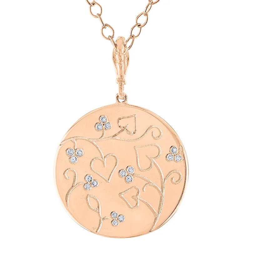 Diamond Coin Pendant, 14K Rose Gold Diamond Large Coin Pendant Necklace, 28 Inch Long Coin Necklace , Rose Gold Coin Necklace Hand Made