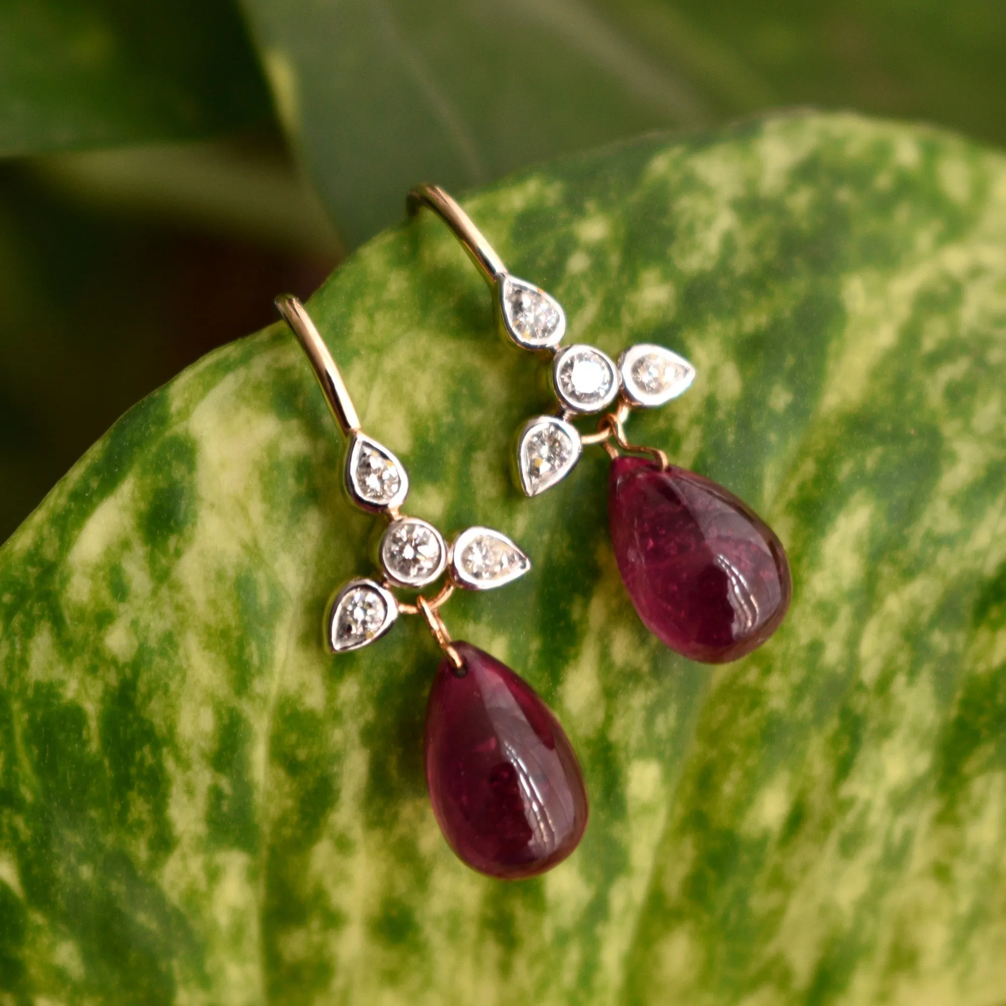 Diamond Ear Wire Earrings with Ruby Drops