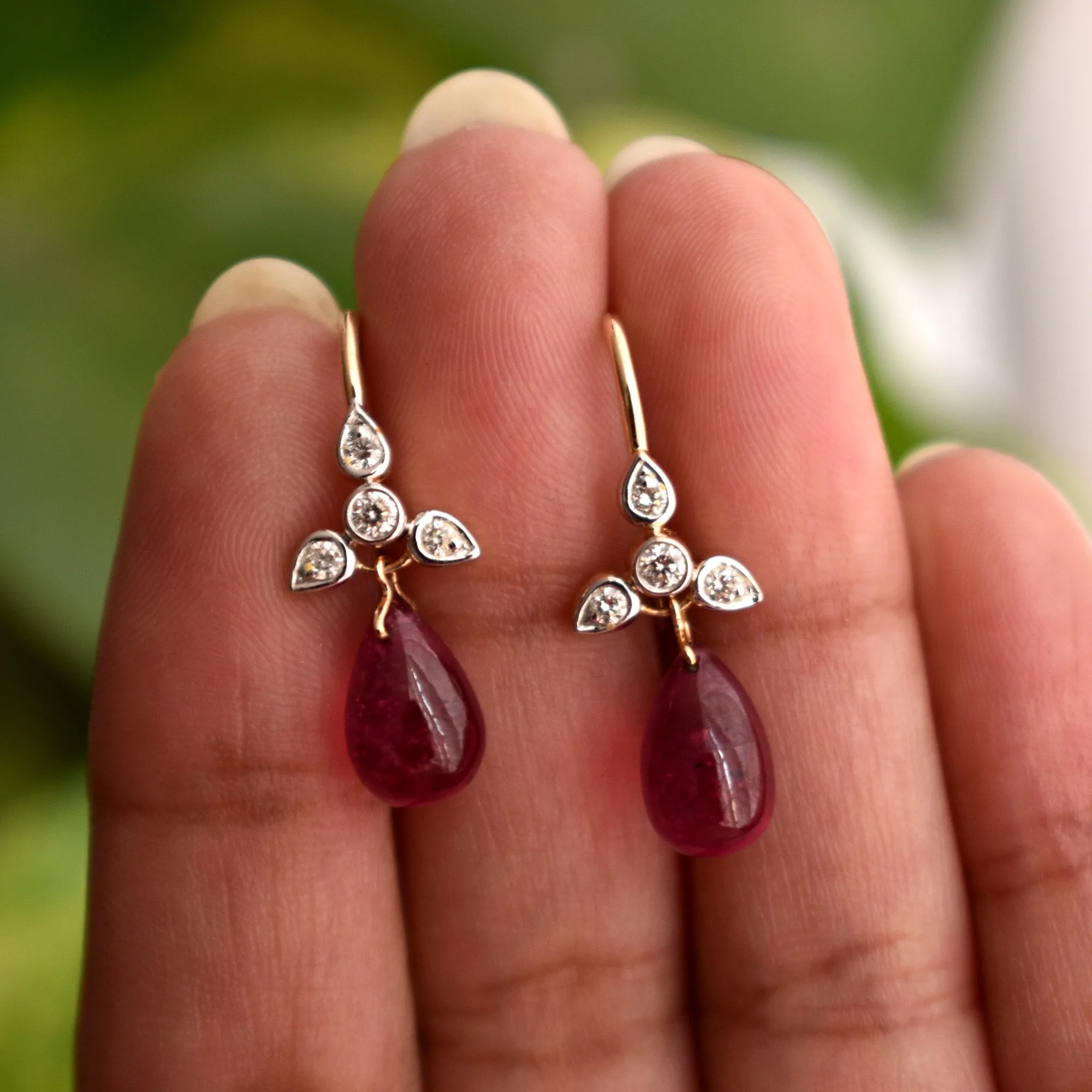 Diamond Ear Wire Earrings with Ruby Drops