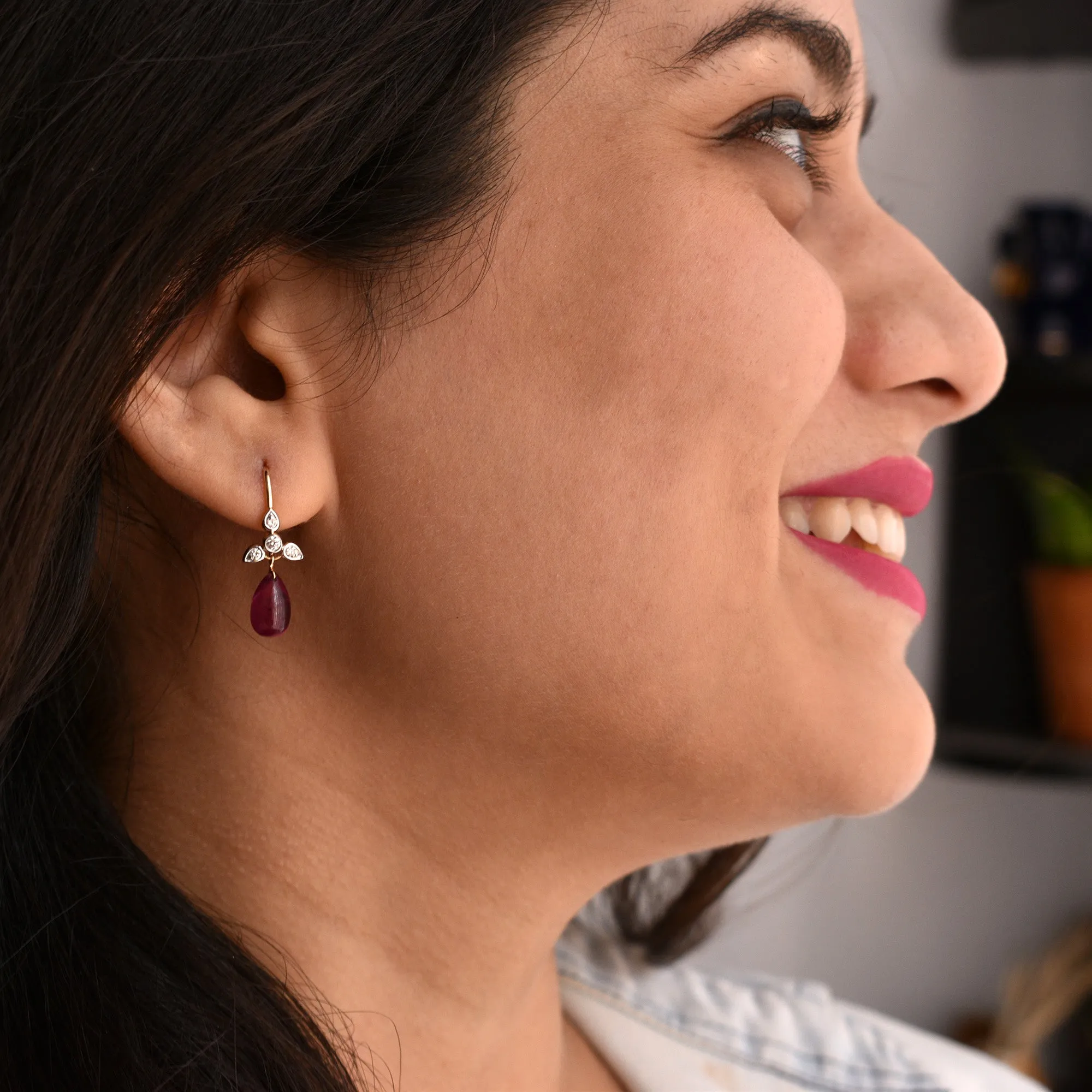 Diamond Ear Wire Earrings with Ruby Drops