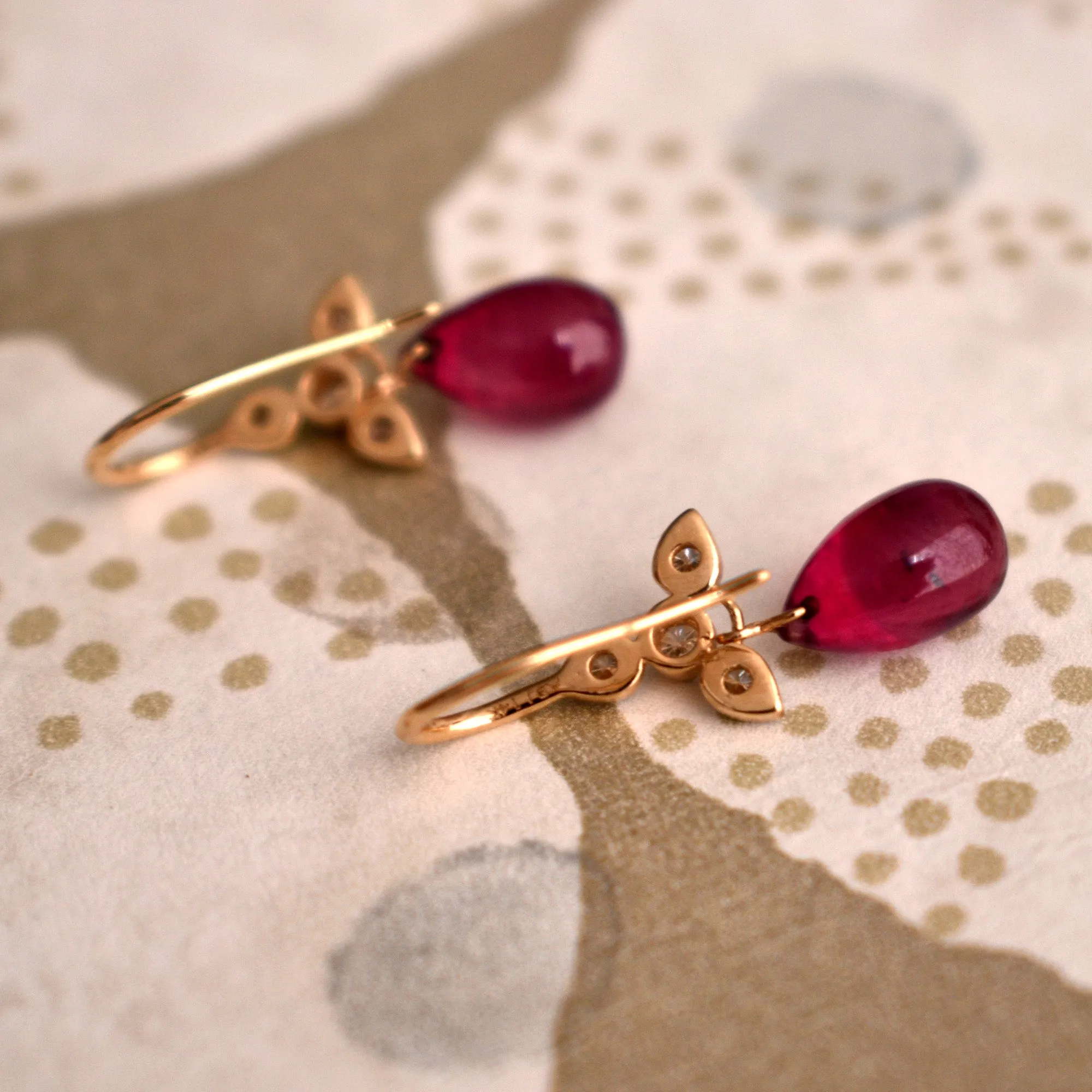 Diamond Ear Wire Earrings with Ruby Drops