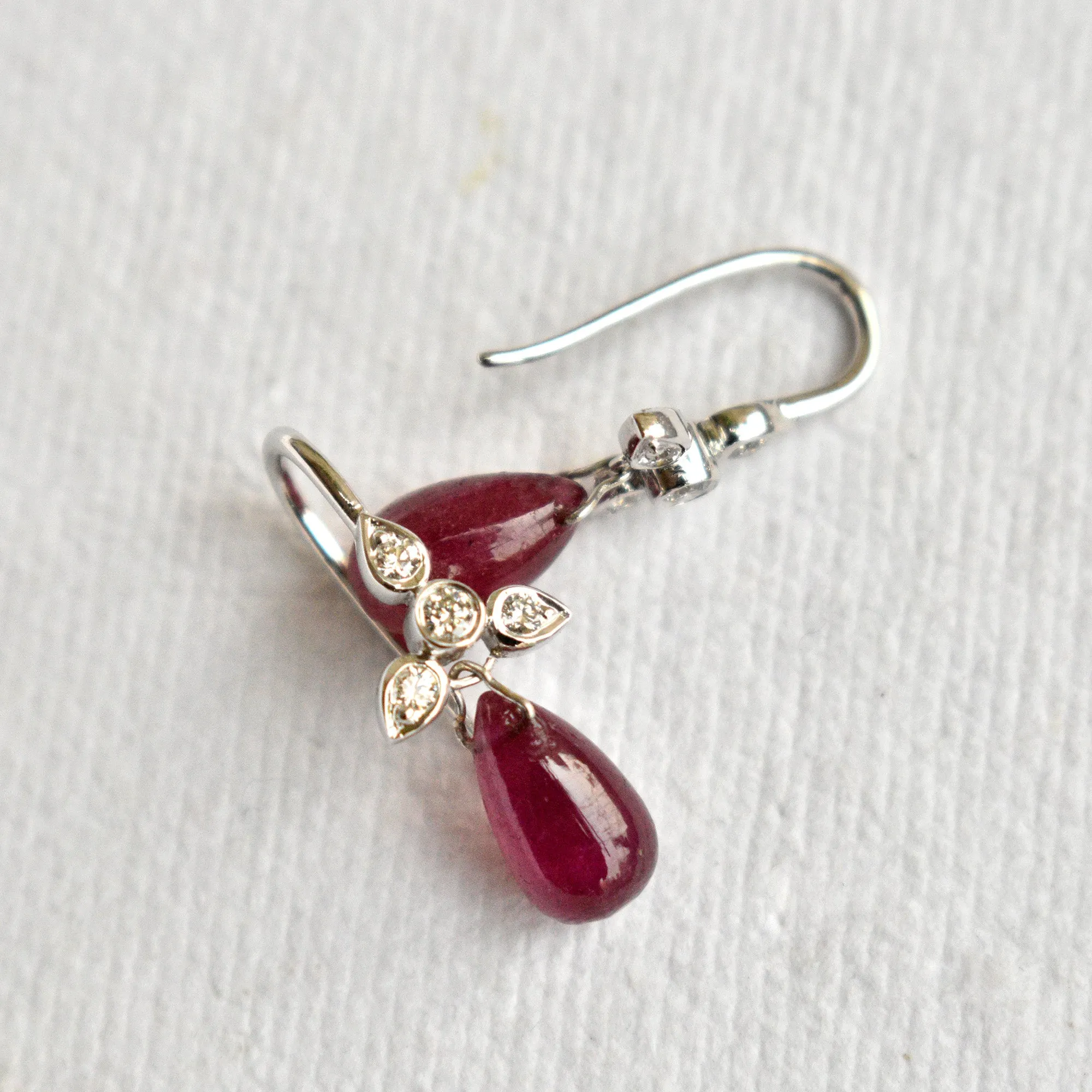 Diamond Ear Wire Earrings with Ruby Drops