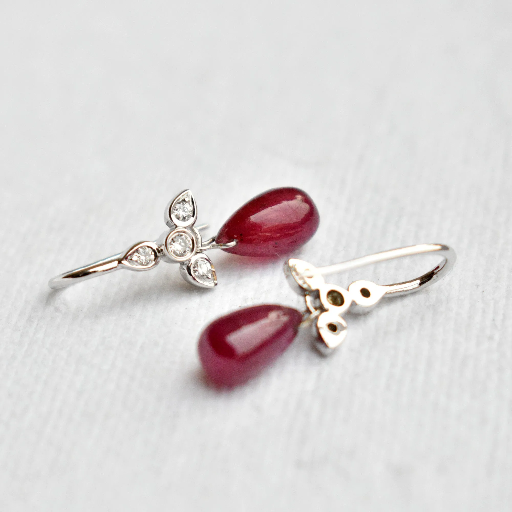 Diamond Ear Wire Earrings with Ruby Drops