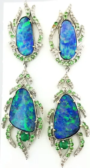 Diamond, Emerald, Peridot and Opal Drop Earrings 22k Gold Certified 8.35 Carats