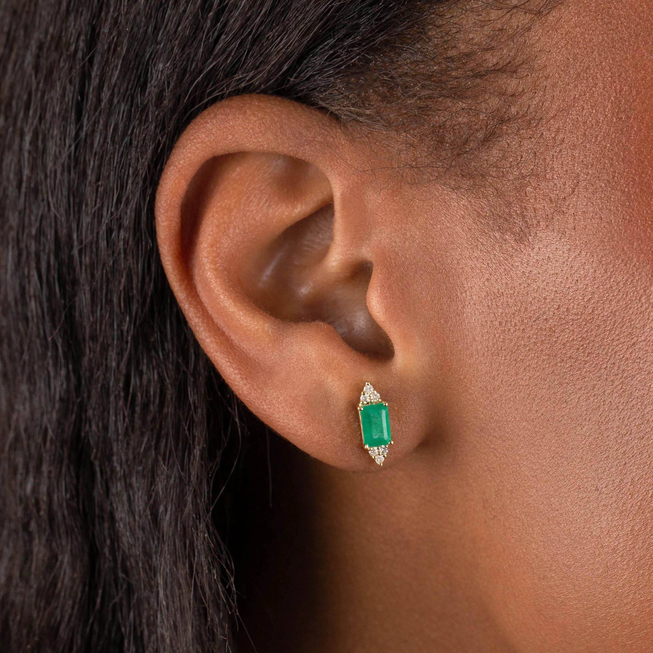 Diamond X Emerald Baguette Stud Earring 14K