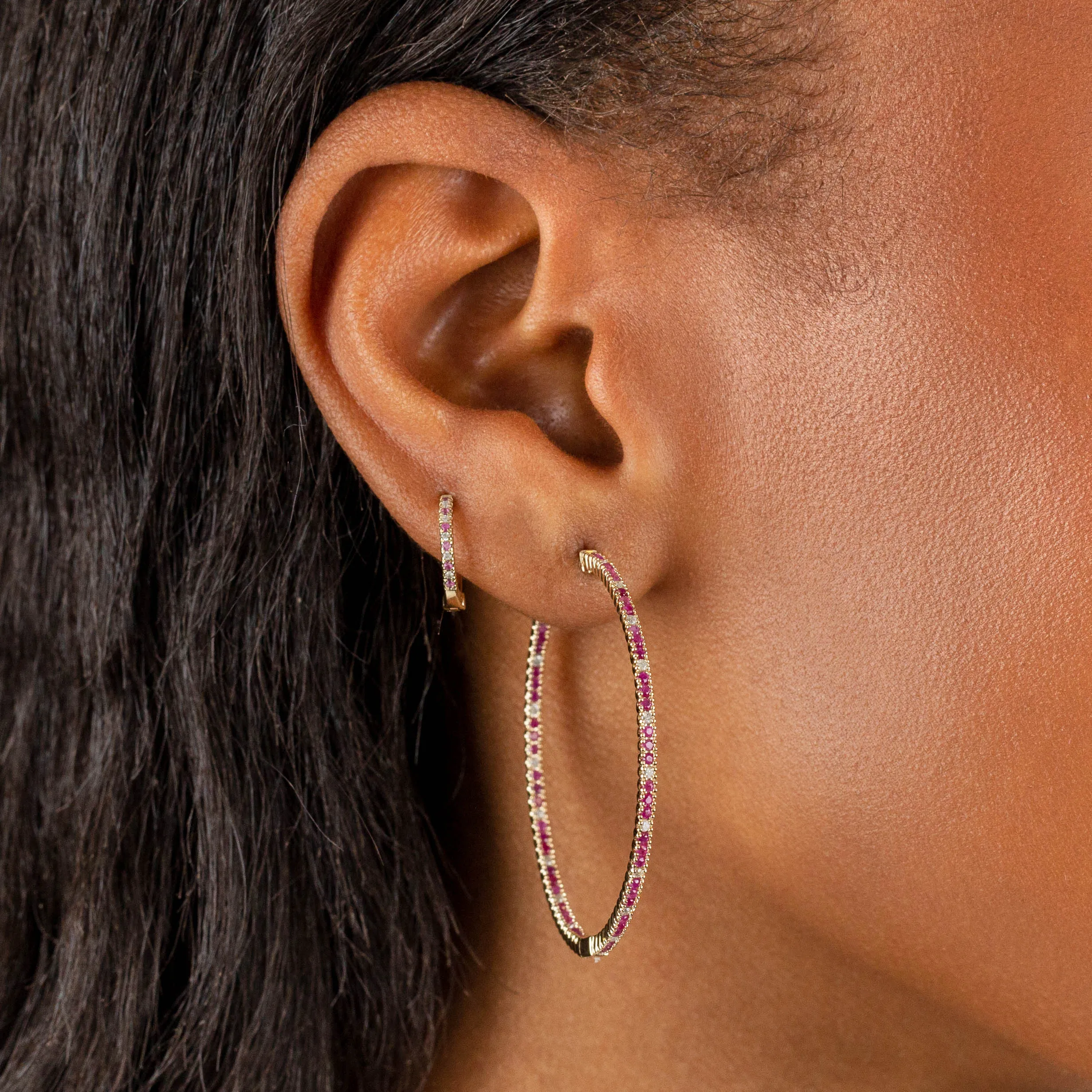 Diamond X Ruby Hoop Earring 14K