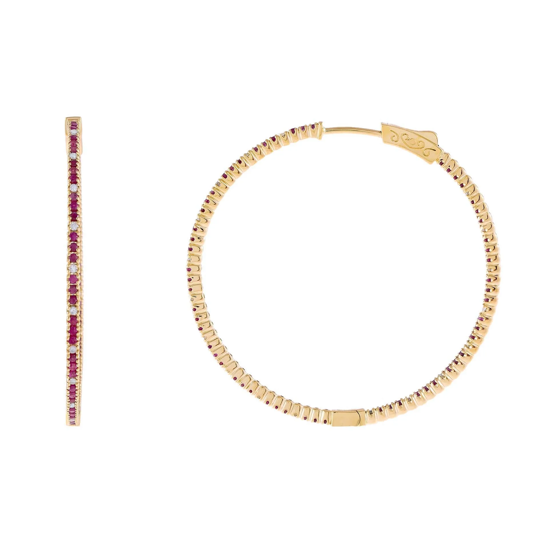 Diamond X Ruby Hoop Earring 14K