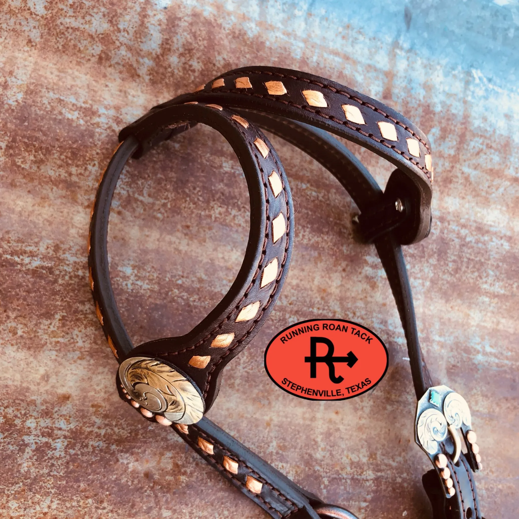 Double Ear Ring Headstall with Copper Buckstitch and German Silver Feather Hardware 39"-43"