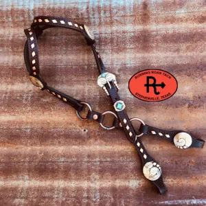 Double Ear Ring Headstall with Copper Buckstitch and German Silver Feather Hardware 39"-43"