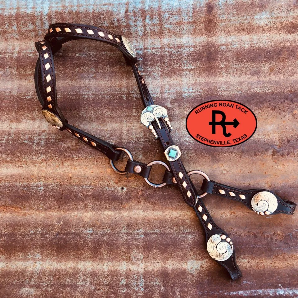 Double Ear Ring Headstall with Copper Buckstitch and German Silver Feather Hardware 39"-43"