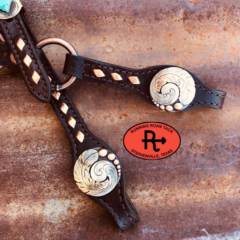 Double Ear Ring Headstall with Copper Buckstitch and German Silver Feather Hardware 39"-43"