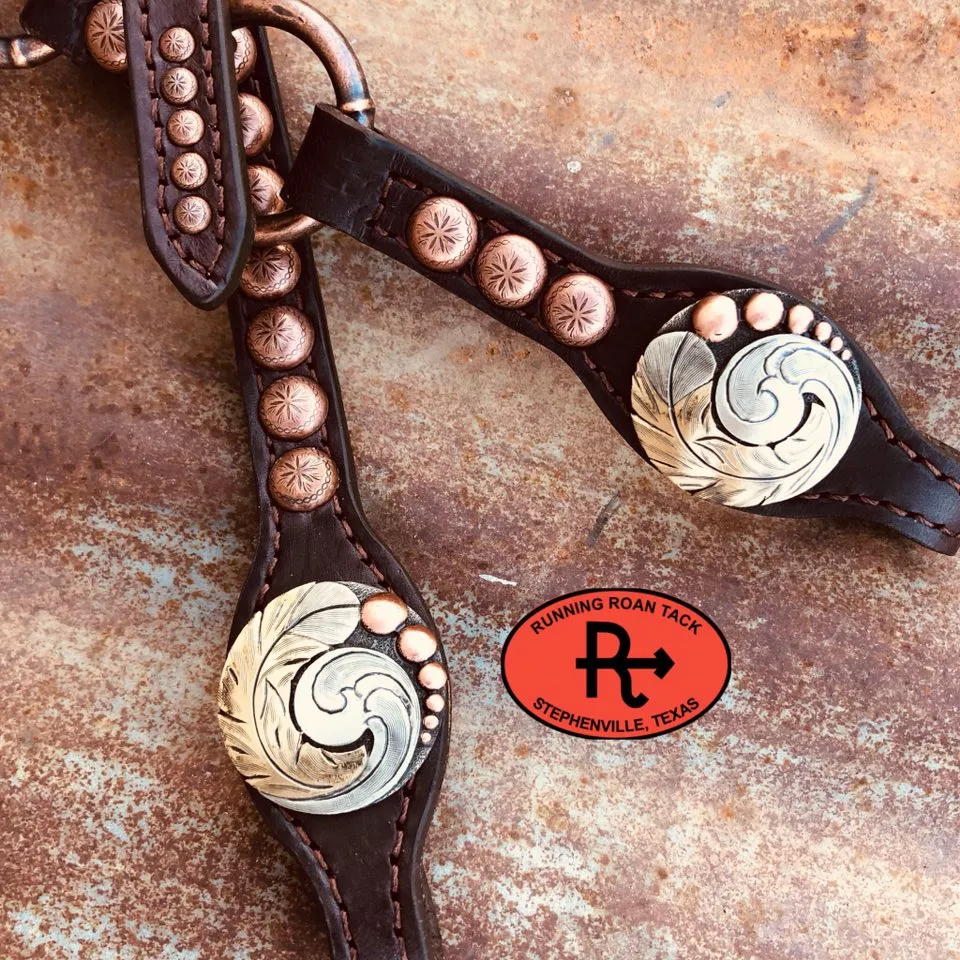 Double Ear Ring Headstall with Copper Dots and German Silver Feather Hardware 37"-41"