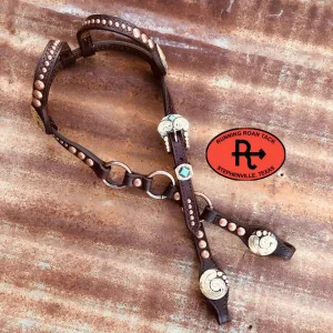 Double Ear Ring Headstall with Copper Dots and German Silver Feather Hardware 37"-41"