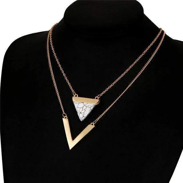 Double Layer Marble and Chevron Necklace - High-Quality Zinc Alloy and Stone