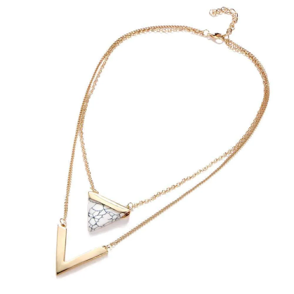 Double Layer Marble and Chevron Necklace - High-Quality Zinc Alloy and Stone