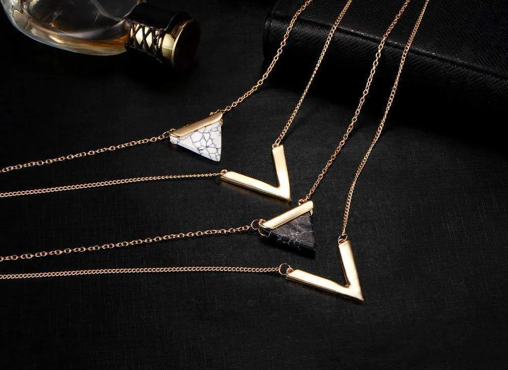 Double Layer Marble and Chevron Necklace - High-Quality Zinc Alloy and Stone